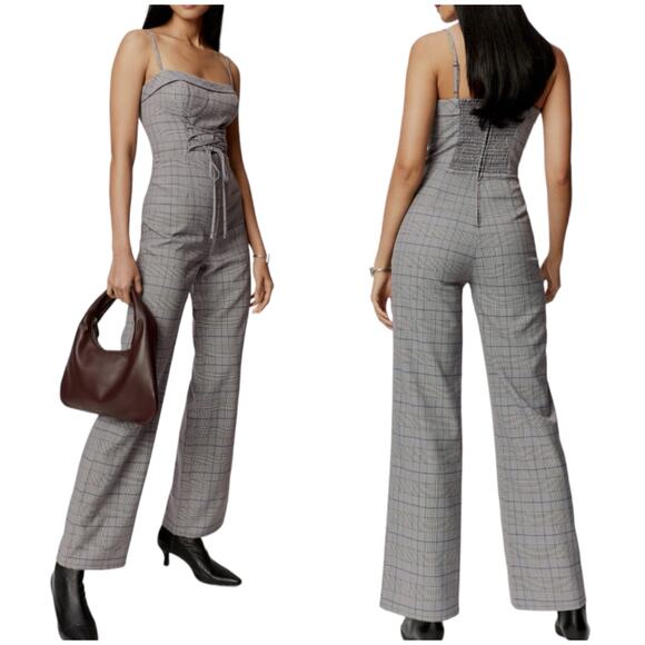 Reformation NWT Cameran Jumpsuit Grey Plaid Size 2 Adjustable Corset Bodice - Picture 1 of 14
